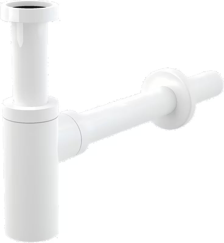 Biały, błyszczący, w pełni metalowy syfon umywalkowy Alca z mosiądzu pro przyłącze odpływu Ø32 mm.