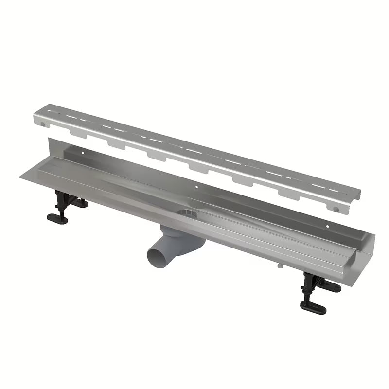 Stalowy odpływ liniowy Alca 81 cm z matowym rusztem ze stali nierdzewnej i niskim obrotowym syfonem