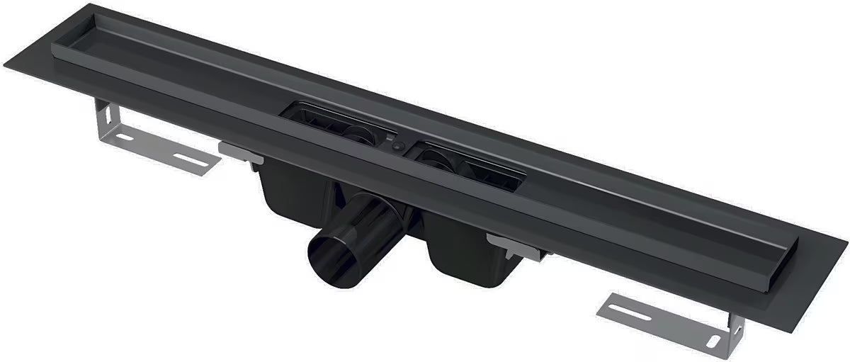 Nierdzewny odpływ liniowy Alca z perforowanym rusztem w czarnym matowym wykończeniu, długość 85 cm.