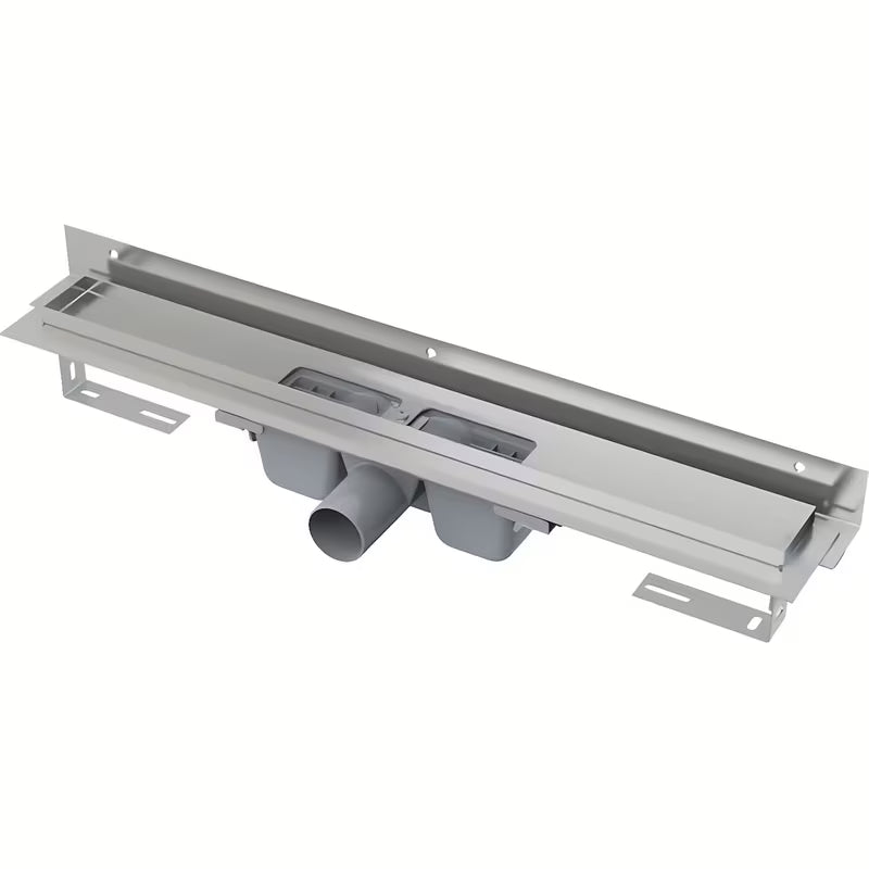Stalowy nierdzewny odpływ liniowy Alca 85 cm pro perforowany ruszt w wersji chrome, przeznaczony pro do montażu bezpośrednio przyścienny .