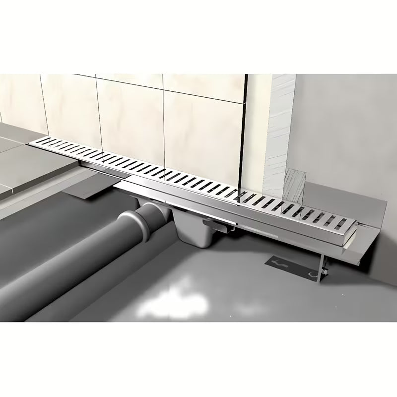 Stalowy nierdzewny odpływ liniowy Alca 85 cm pro perforowany ruszt w wersji chrome, przeznaczony pro do montażu bezpośrednio przyścienny .