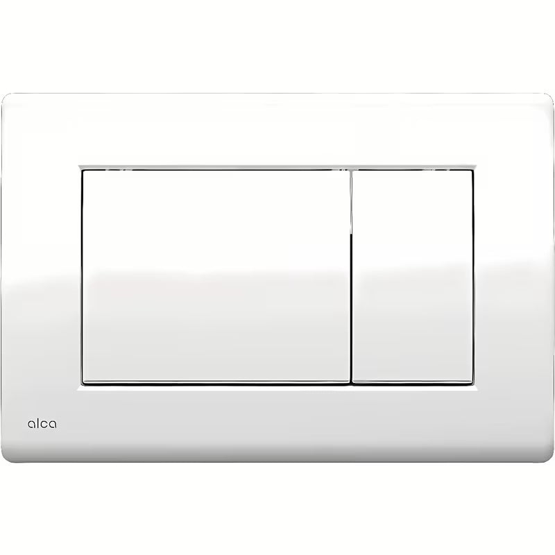 Biały przycisk spłukujący Alca pro do systemów instalacyjnych przedściennych i zbiorników MISKA wc do zamurowania z dwudzielnym spłukiwaniem.