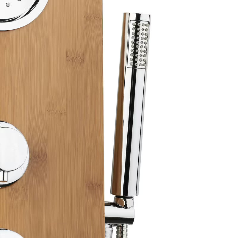 Panel prysznicowy z hydromasażem Anima Bamboo Shower z bambusa z deszczownicą, słuchawką prysznicową i dyszami masującymi.