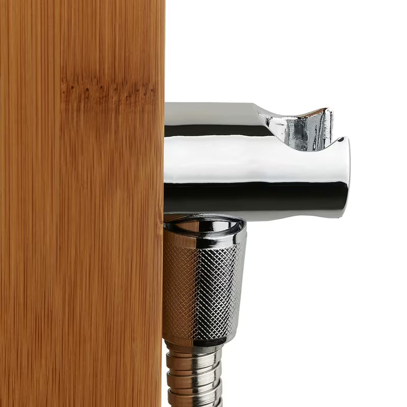 Panel prysznicowy z hydromasażem Anima Bamboo Shower z bambusa z deszczownicą, słuchawką prysznicową i dyszami masującymi.