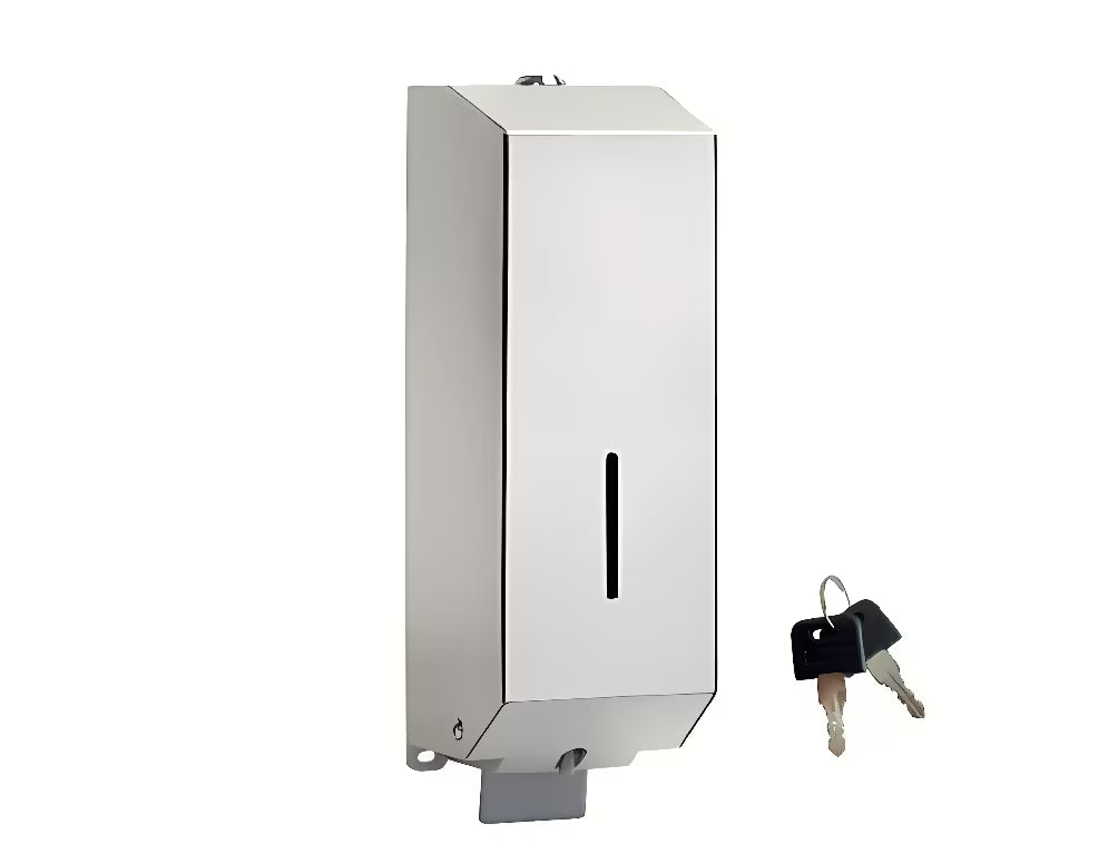 Zamykany na klucz ścienny dozownik mydła w płynie Bemeta w wykończeniu stal nierdzewna połysk o pojemności 1 100 ml.