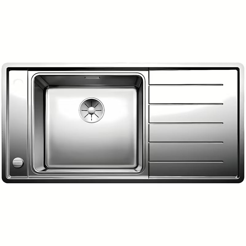 Stalowy zlewozmywak Blanco Andano z ociekaczem w wykończeniu jedwabisty połysk, komora po lewej stronie
