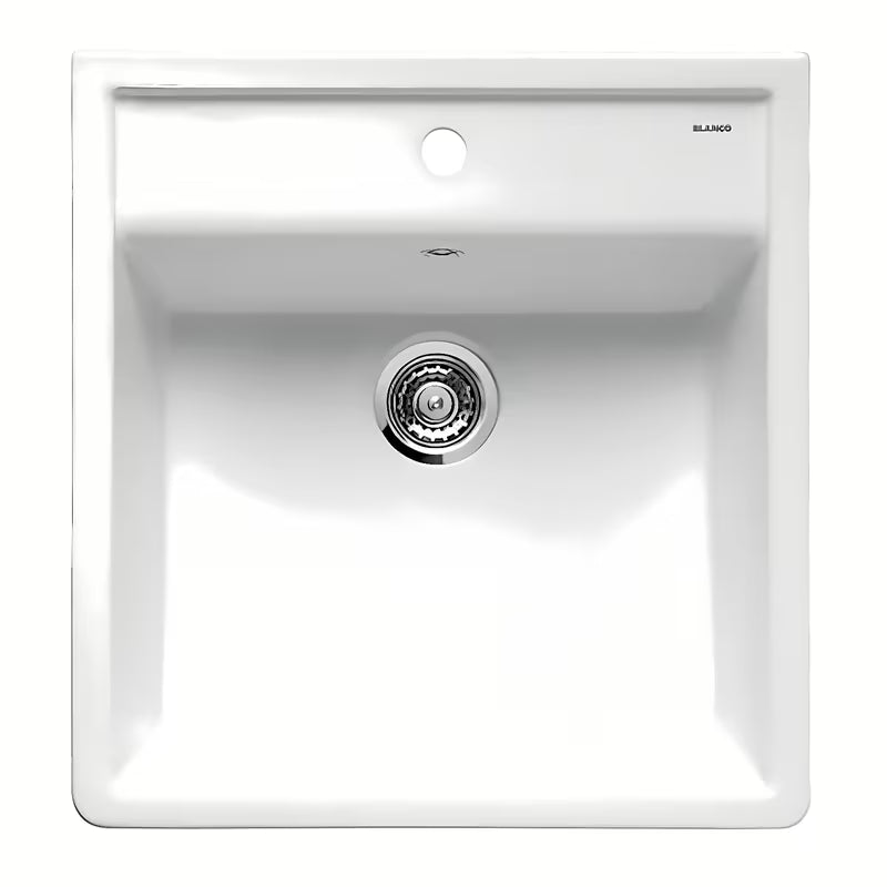 Ceramiczny zlewozmywak Blanco Panor 60 w kolorze lśniącej bieli pro montaż od góry na blat roboczy.