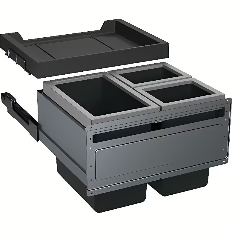 Do Zabudowy kosz na śmieci sorter Franke z wysuwem frontowym, trzema pojemnikami i szufladą z filtrem węglowym w kolorze czarnym i szarym.