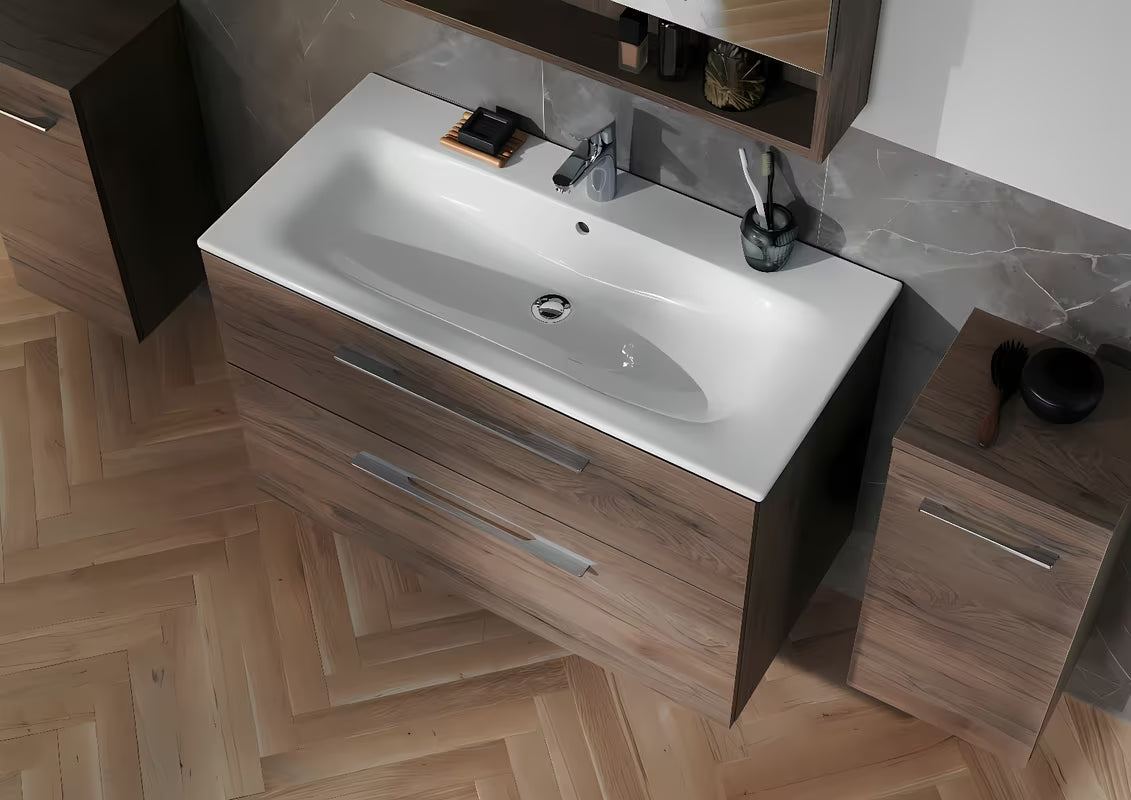 Wisząca szafka z umywalką ceramiczną Geberit Selnova w dekorze orzech hickory, 100x50,2x65,2 cm.
