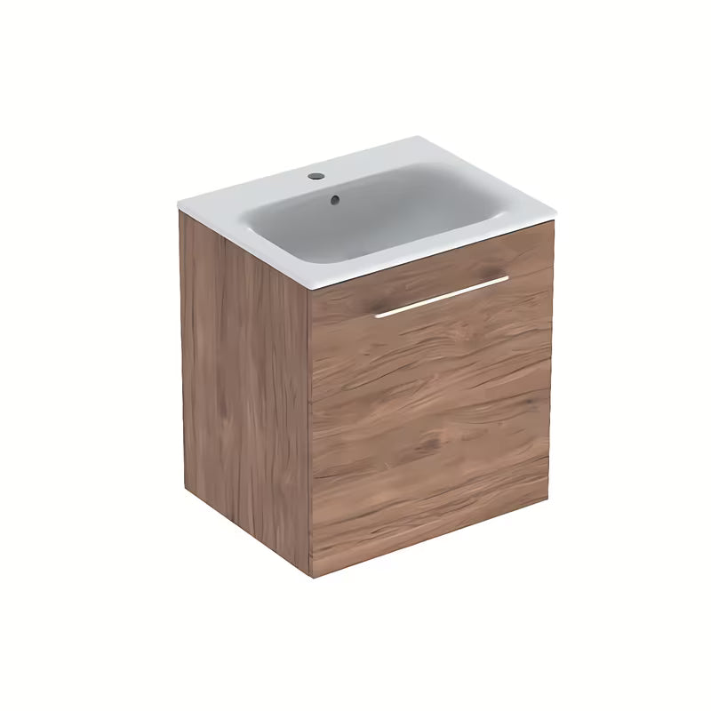 Wisząca szafka z umywalką ceramiczną Geberit Selnova w dekorze orzech hickory 60x50,2x65,2 cm