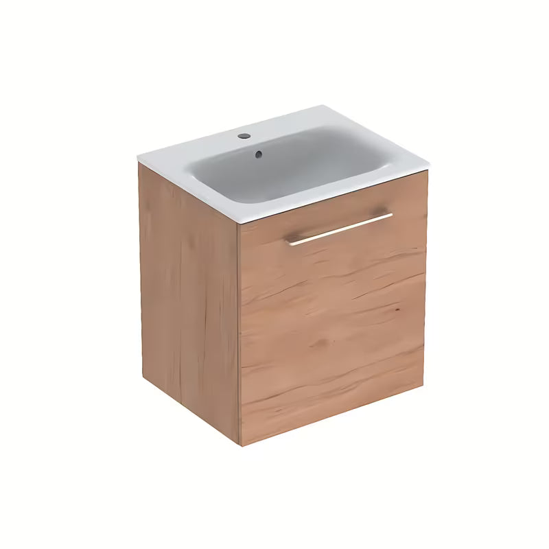 Wisząca szafka łazienkowa z umywalką ceramiczną Geberit Selnova w dekorze jasny orzech hickory