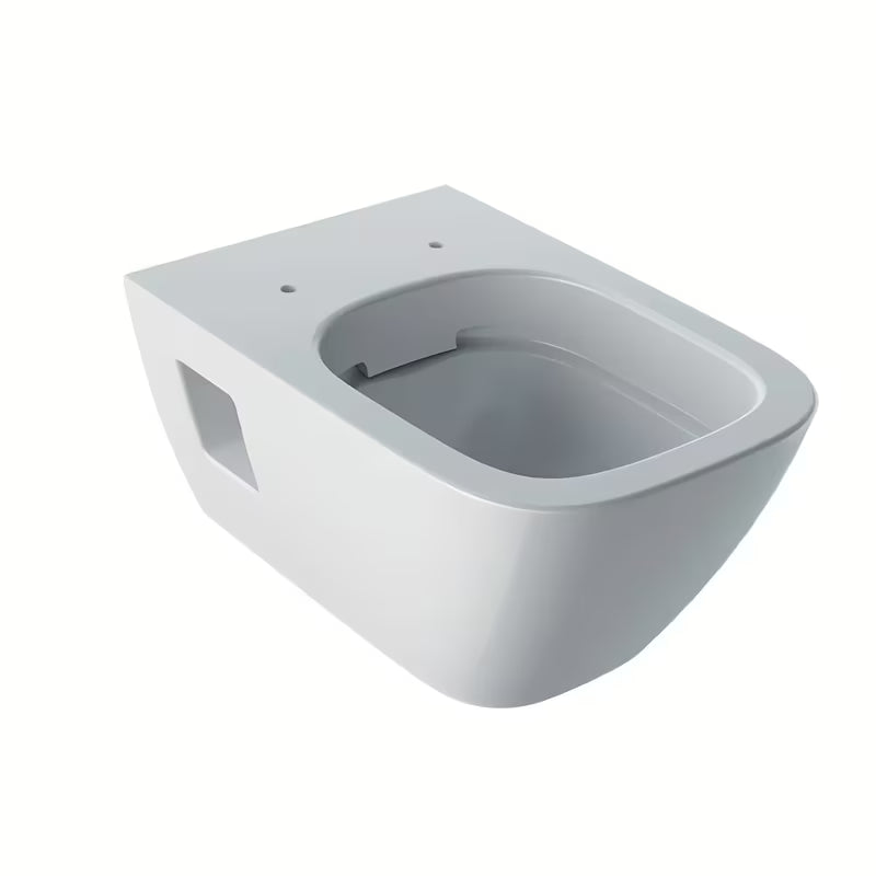 Białe miska WC wisząca Geberit Selnova Square z technologią Rimfree bez układu spłukującego i kwadratowym designem.