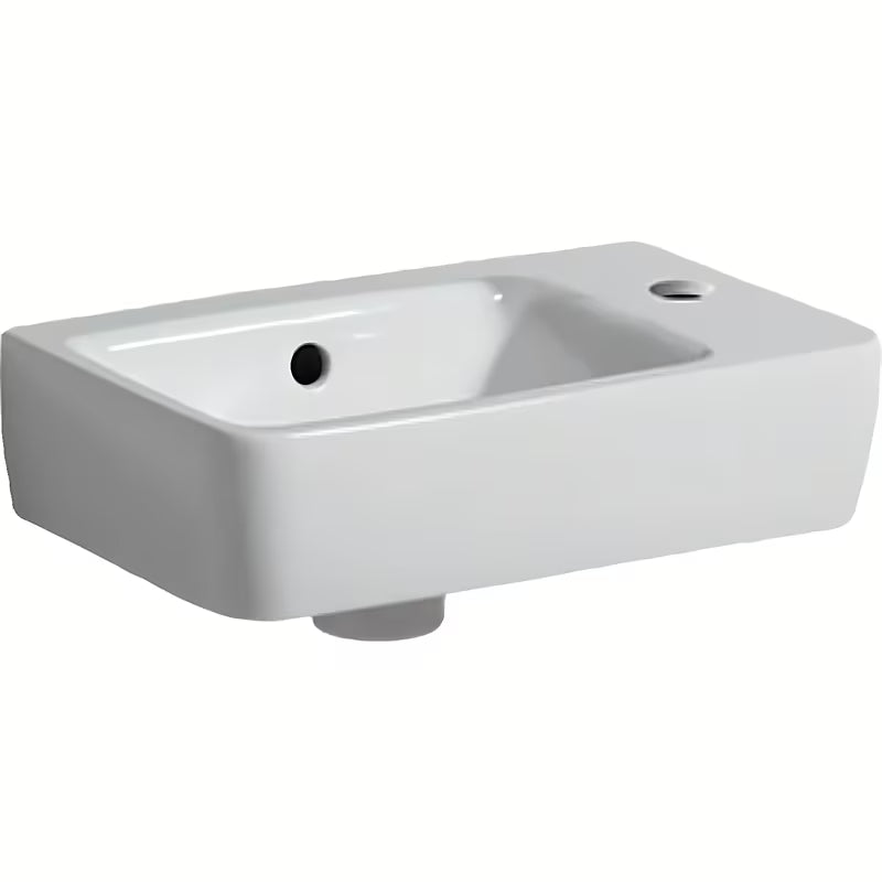 Biała ceramiczna mała umywalka Geberit Selnova Compact 40 x 25 cm z otworem pro na baterię po prawej stronie