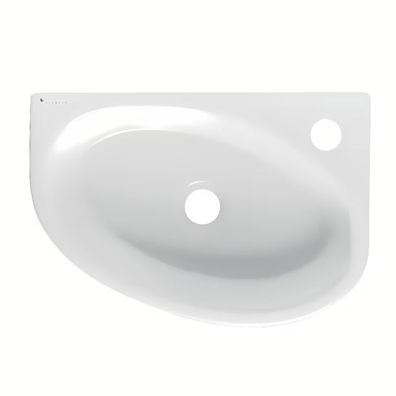 Biała prawa narożne mała umywalka Glacera Bigio 42x29,5 cm bez przelewu z otworem na baterię po prawej stronie.