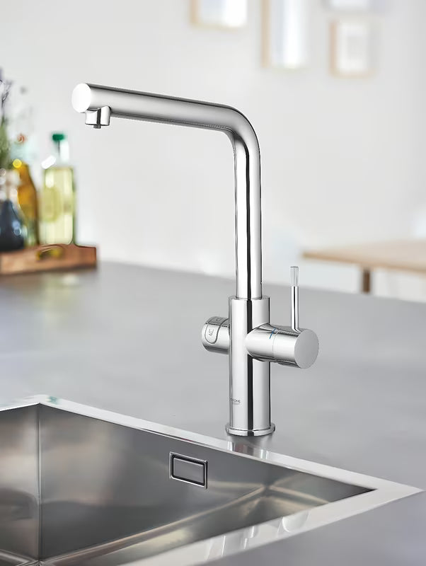 Chromowana bateria zlewozmywakowa Grohe Blue Home Duo pro wodę filtrowaną, schłodzoną i gazowaną