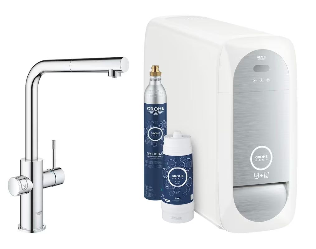 Chromowana kuchenna bateria zlewozmywakowa Grohe Blue Home Duo z filtrem, chłodzeniem i wyciąganą wylewką