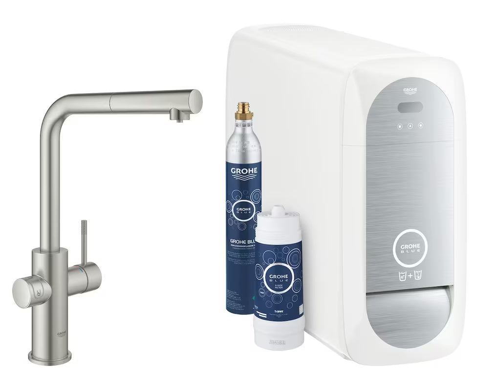 Grohe Blue Home bateria zlewozmywakowa supersteel z funkcją filtracji i chłodziarką pro wodę gazowaną
