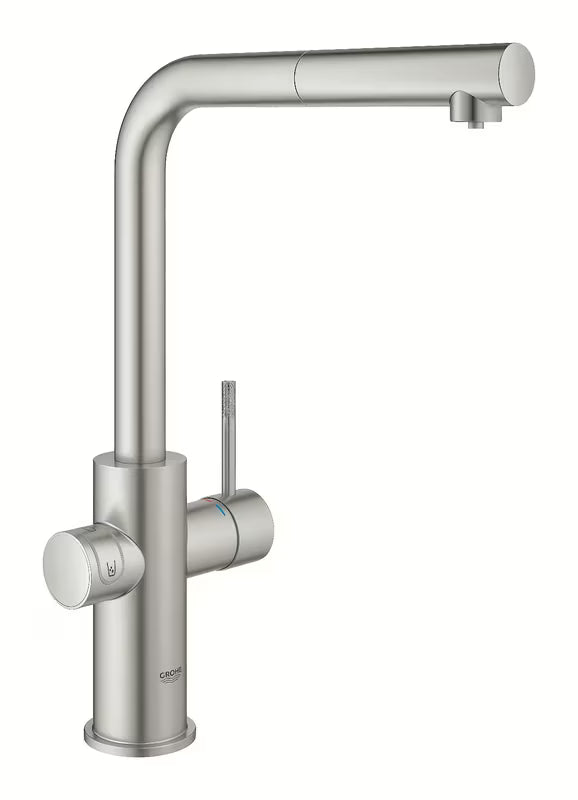 Grohe Blue Home bateria zlewozmywakowa supersteel z funkcją filtracji i chłodziarką pro wodę gazowaną