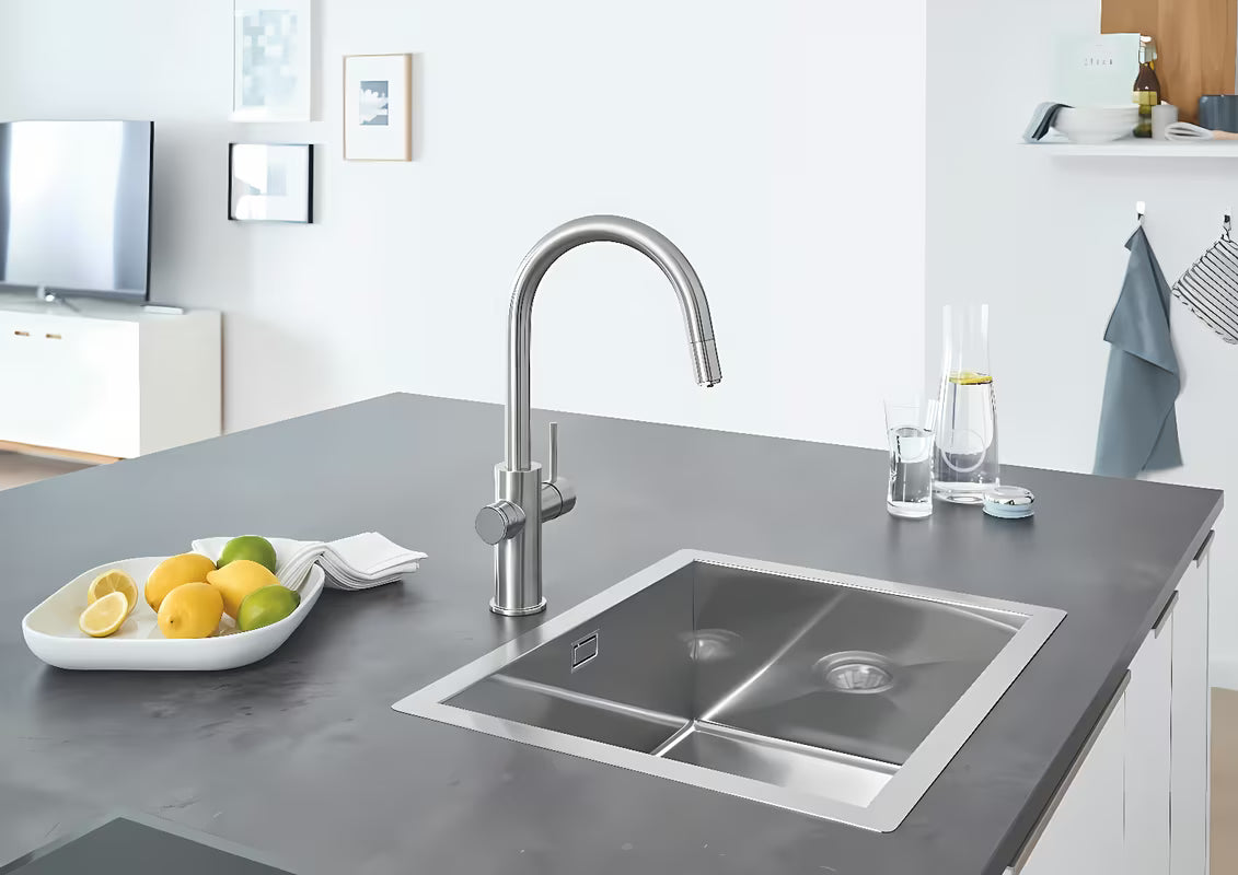 Grohe Blue Home bateria zlewozmywakowa supersteel z filtracją i chłodziarką pro do wody niegazowanej i gazowanej