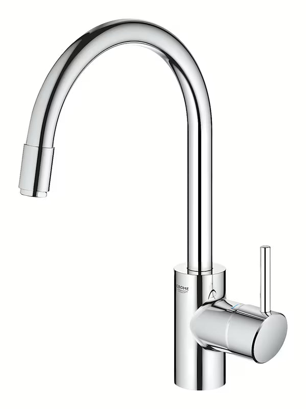 Chromowana bateria zlewozmywakowa Grohe Concetto New z wysoką obrotową wylewką i wyciąganą wylewką natryskową.