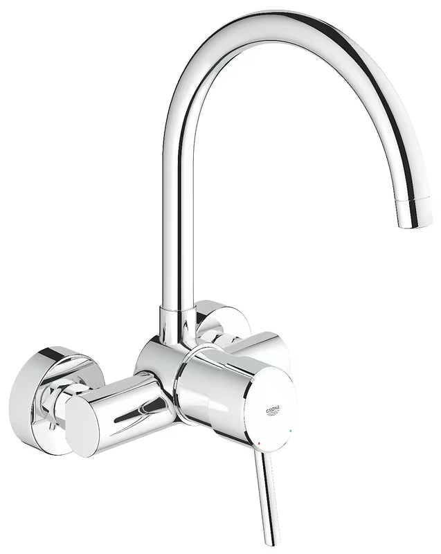 Chromowana ścienna bateria zlewozmywakowa Grohe Concetto New z wysoką obrotową wylewką 360°.