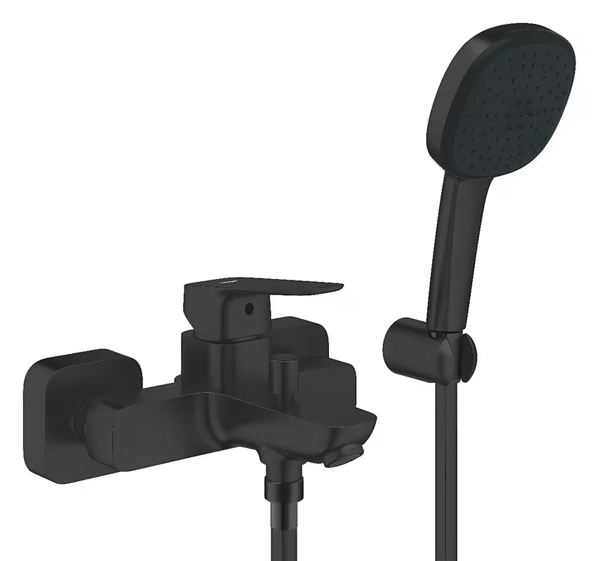 Grohe Cubeo bateria wannowa ścienna w czarnym macie z zestawem prysznicowym