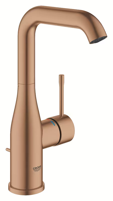 Jednouchwytowa stojąca bateria umywalkowa Grohe Essence z odpływem w matowym kolorze warm sunset.