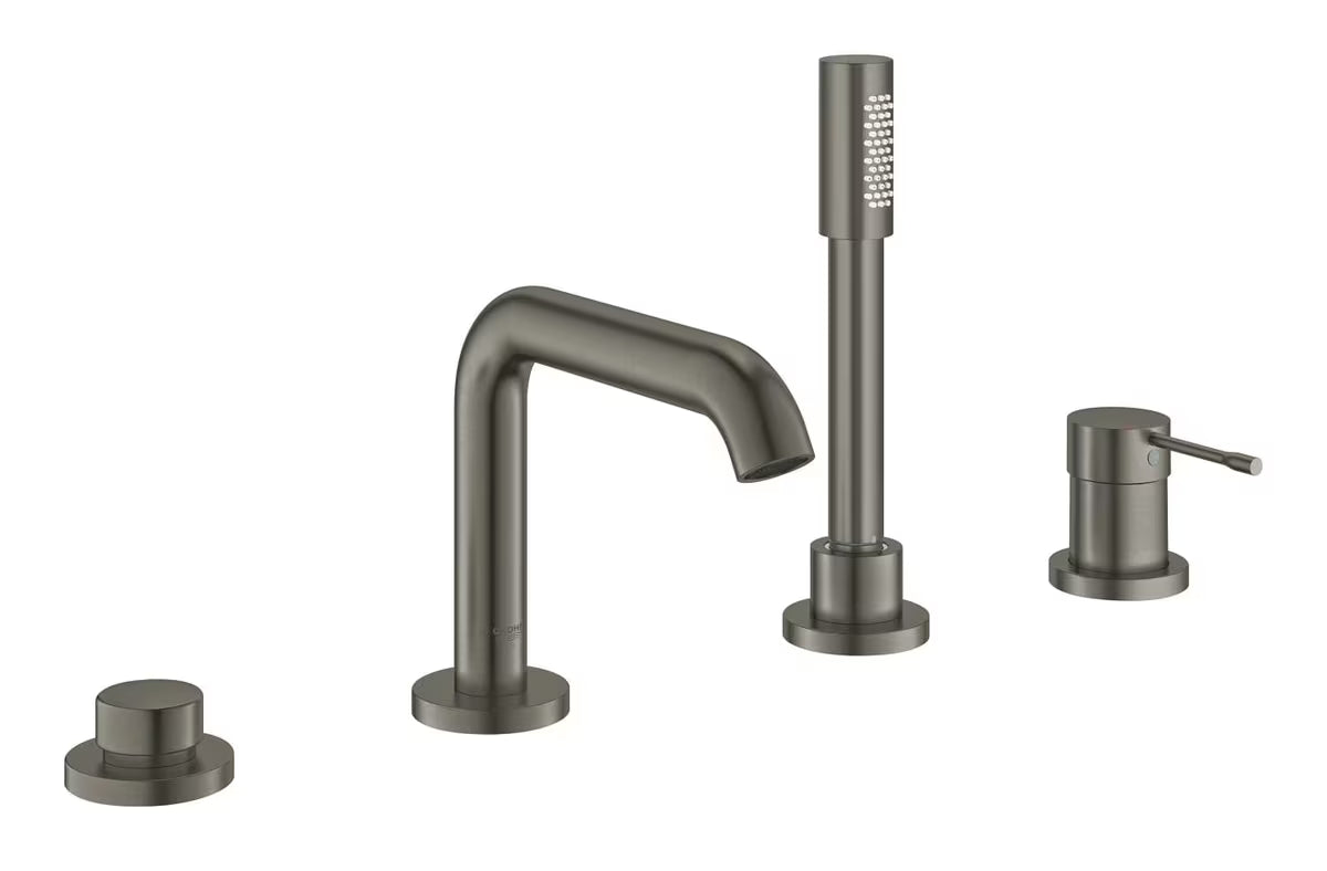 Bateria wannowa 4-otworowa Grohe Essence New z rączką prysznicową w wykończeniu brushed hard graphite.