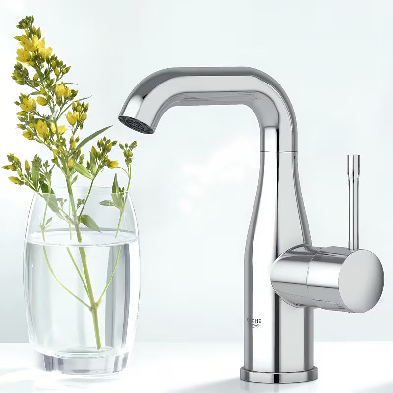 Chromowana bateria umywalkowa Grohe Essence New z odpływem z obrotową wylewką
