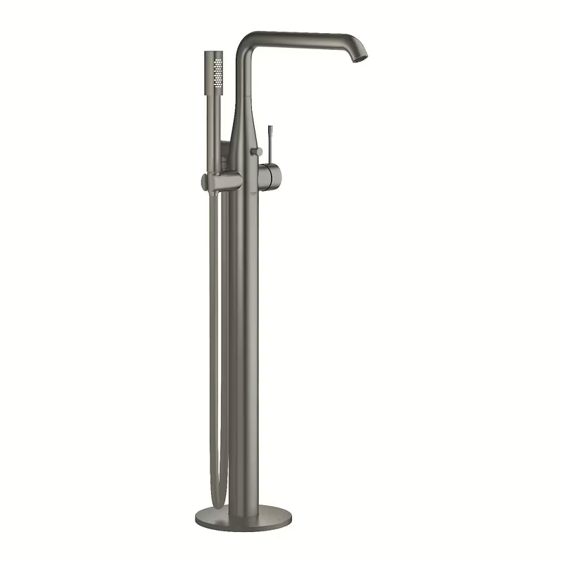 Podłogowa bateria wannowa Grohe Essence New z rączką prysznicową w wykończeniu brushed hard graphite.