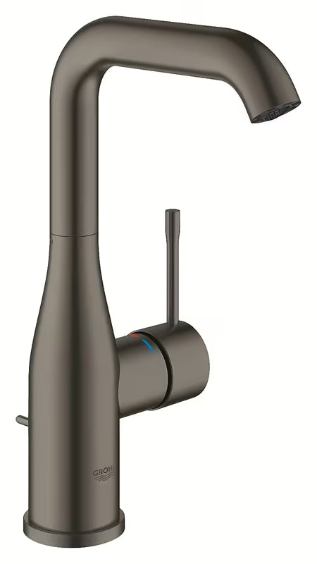 Wysoka jednouchwytowa bateria umywalkowa Grohe Essence New w wykończeniu brushed hard graphite z obrotową wylewką.