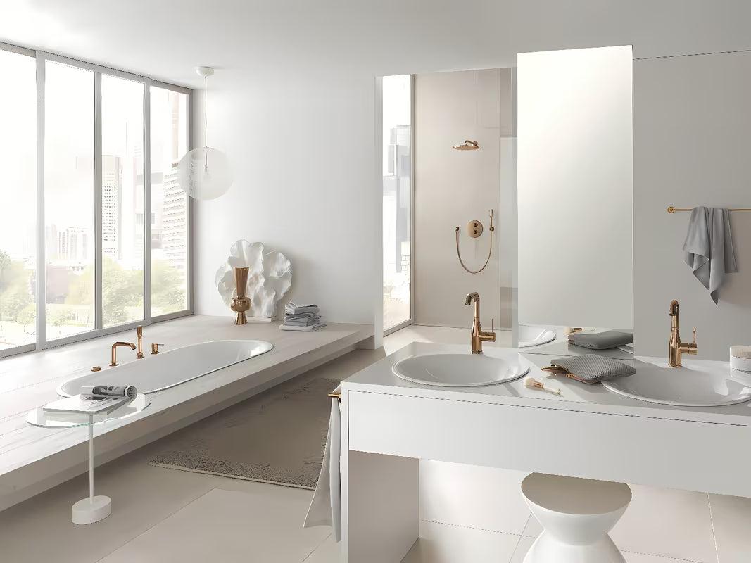 Wysoka jednouchwytowa bateria umywalkowa Grohe Essence New w kolorze warm sunset z obrotową wylewką