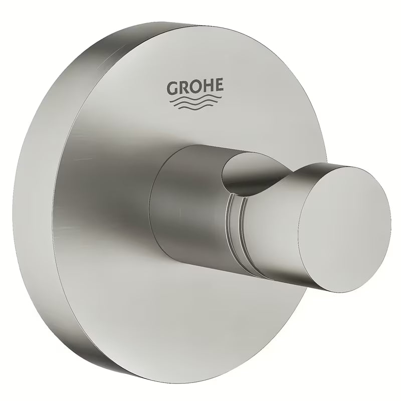 Haczyk na szlafrok Grohe Essentials w wykończeniu supersteel z ukrytym mocowaniem na okrągłej rozecie.