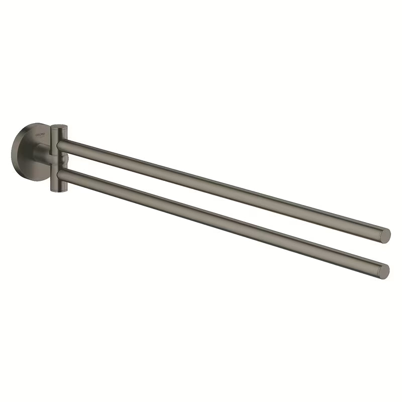 Obrotowy uchwyt na ręczniki Grohe Essentials w wykończeniu Brushed Hard Graphite z dwoma ramionami i ukrytym mocowaniem.
