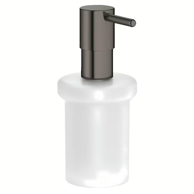 Dozownik do Mydła Grohe Essentials bez uchwytu w wykończeniu hard graphite, szklany pojemnik i metalowe elementy.