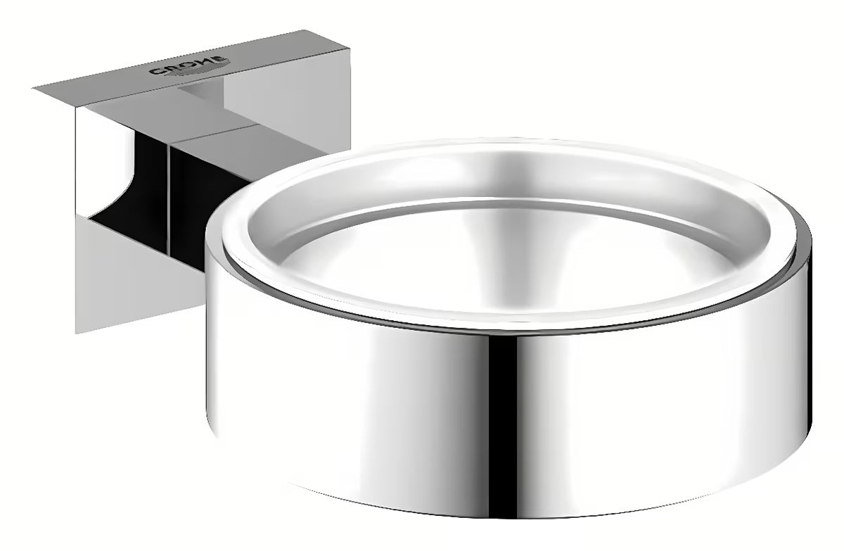 Chromowany ścienny uchwyt Grohe Essentials Cube pro na szklankę, mydelniczkę lub dozownik z ukrytym mocowaniem.