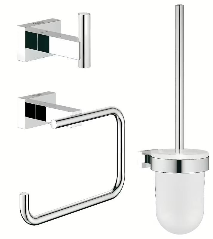 Chromowana zestaw akcesoriów Grohe Essentials Cube z haczykiem, uchwytem na papier toaletowy i MISKA wc szczotką