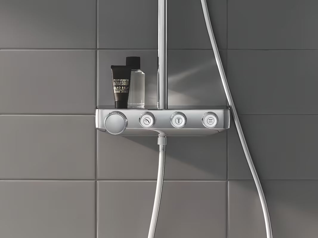 Chromowy system prysznicowy Grohe Euphoria smartcontrol z termostatem, deszczownicą i słuchawką prysznicową