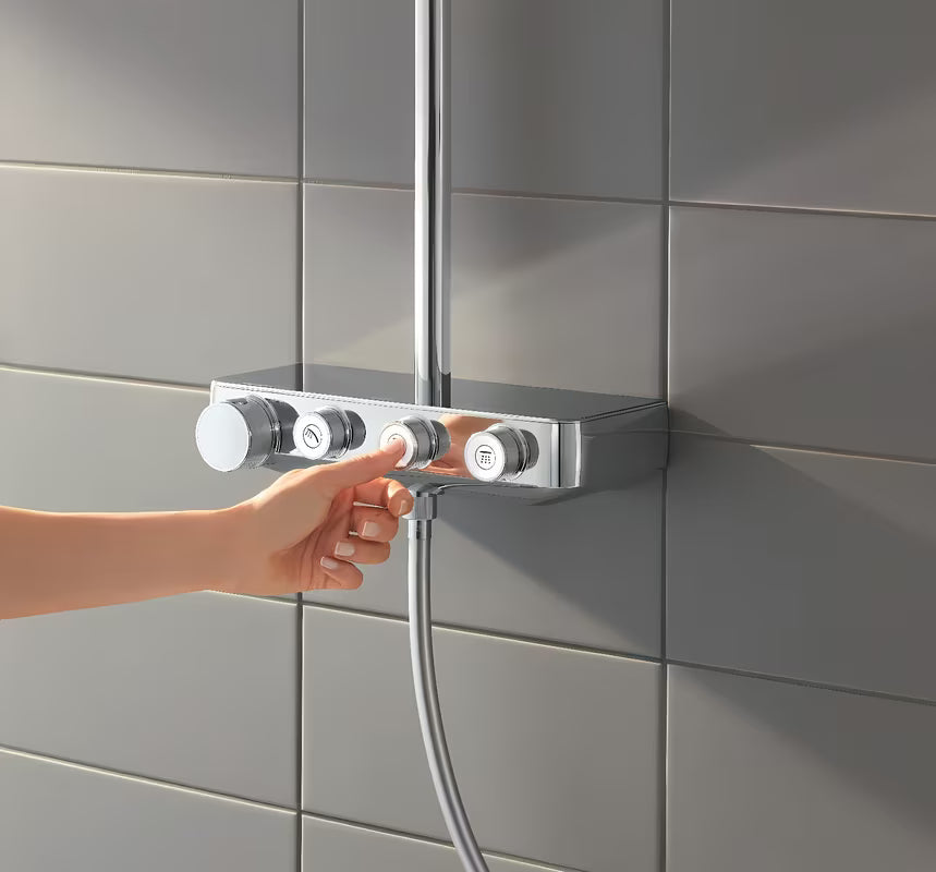 Chromowy system prysznicowy Grohe Euphoria smartcontrol z termostatem, deszczownicą i słuchawką prysznicową