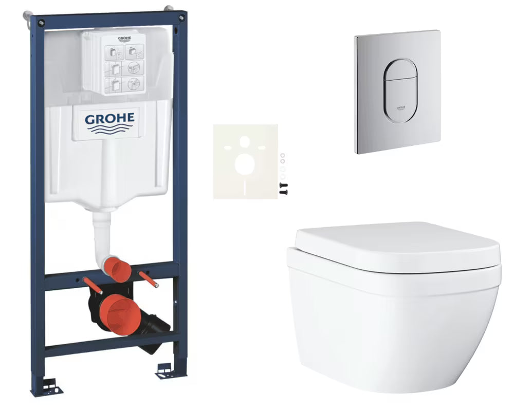 Zestaw WC podtynkowy Grohe Euro Ceramic z modułem podtynkowym Rapid SL, przyciskiem Arena Cosmopolitan i deską soft Close.