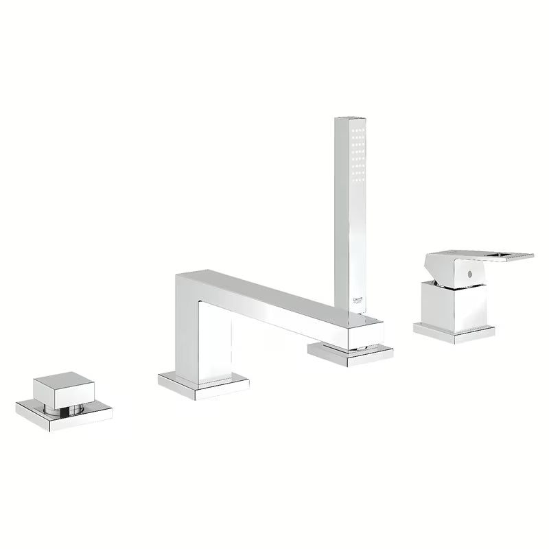 Chromowana bateria wannowa Grohe Eurocube z zestawem prysznicowym i słuchawką prysznicową Euphoria Cube+.
