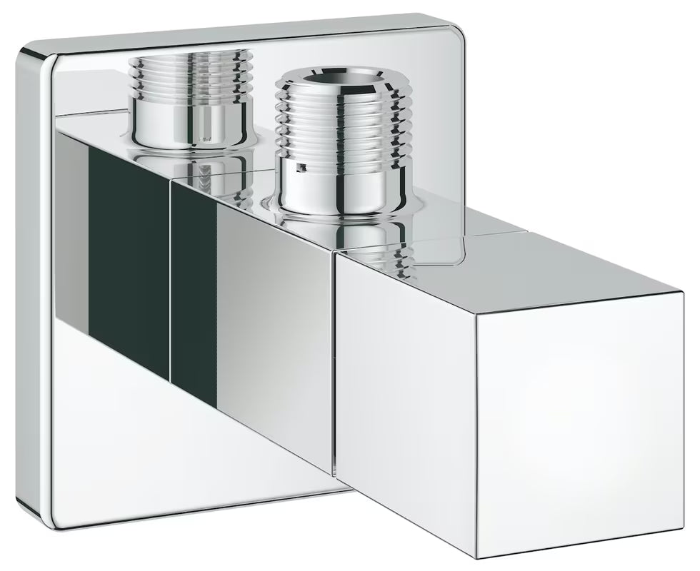Chromowany zawór kątowy Grohe Eurocube z metalowym kurkiem i metalową rozetą pro do montażu ściennego.
