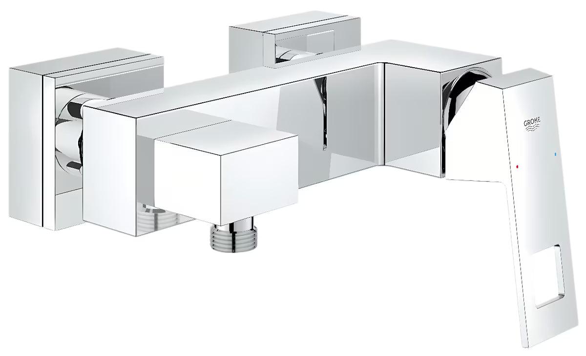 Chromowana jednouchwytowa ścienna bateria prysznicowa Grohe Eurocube o kwadratowym designie