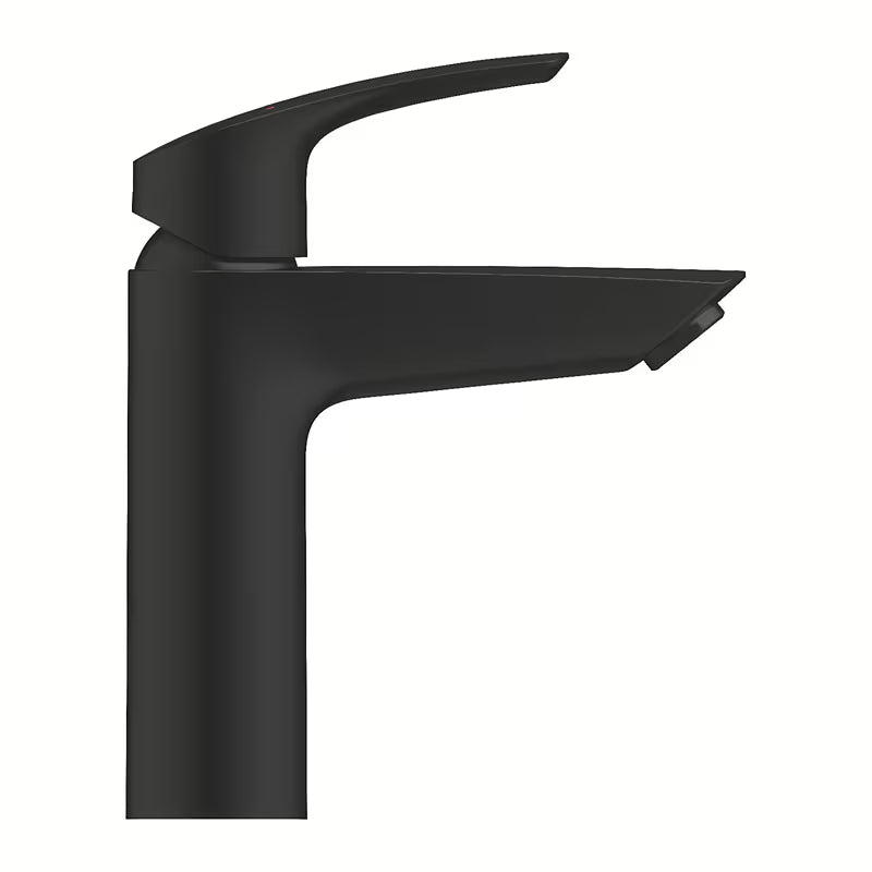 Matowoczarna jednouchwytowa bateria umywalkowa Grohe Eurosmart bez odpływu pro do montażu jednootworowego.