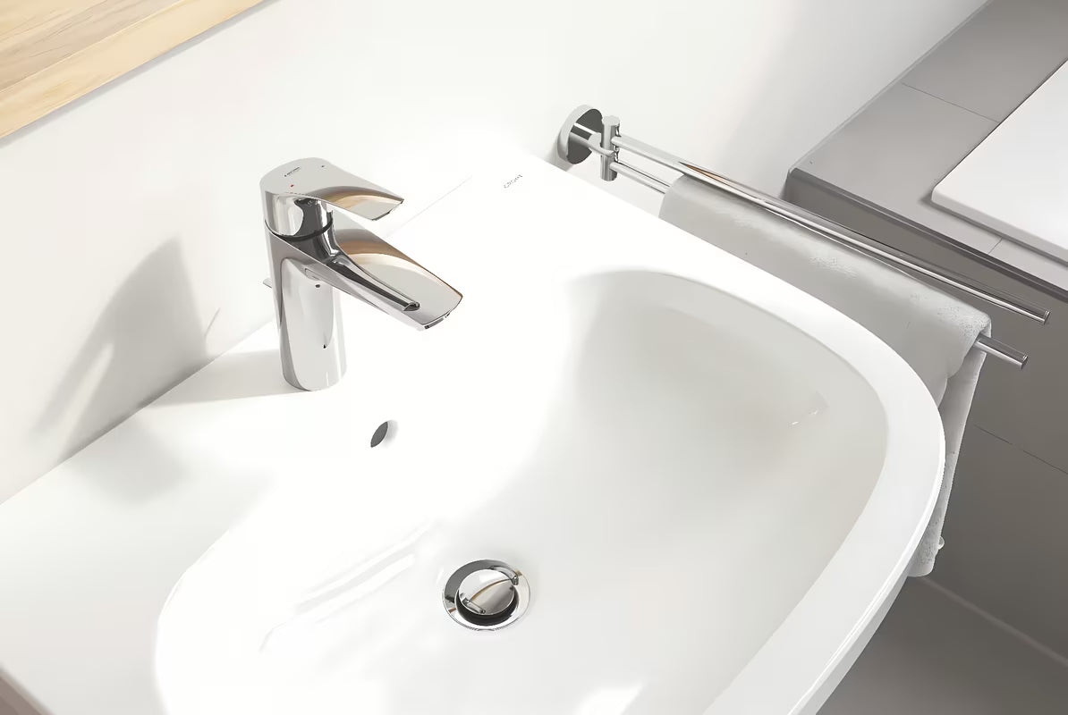 Chromowana jednouchwytowa stojąca bateria umywalkowa Grohe Eurosmart New z odpływem