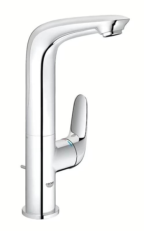 Wysoka jednouchwytowa bateria umywalkowa Grohe Eurostyle New w chromie z obrotową wylewką i zestawem odpływowym.