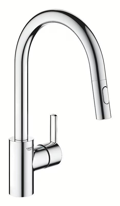 Chromowana bateria zlewozmywakowa Grohe Feel z wysoką obrotową wylewką i wyciąganą wylewką prysznicową