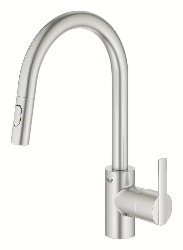 Bateria zlewozmywakowa Grohe Feel w wykończeniu supersteel z wysoką obrotową wylewką i wyciąganą wylewką prysznicową