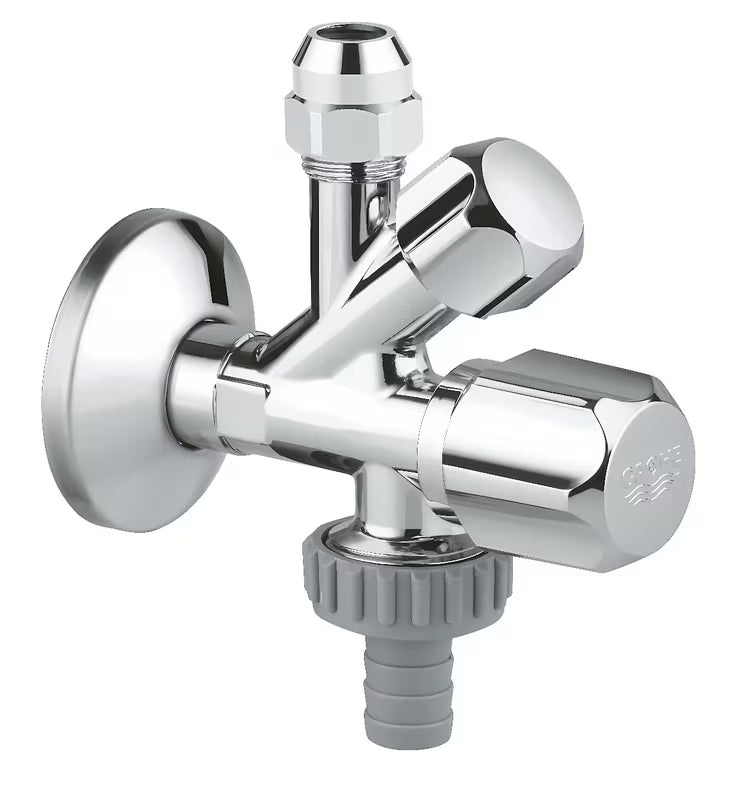 Zawór kątowy Grohe pro do montażu ściennego z zaworem zwrotnym i metalową rozetą.
