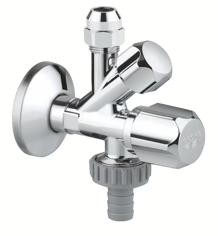 Zestaw zawór kątowy Grohe pro do montażu ściennego z kompensacją długości i metalową rozetą.